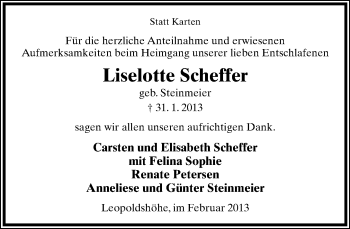 Anzeige  Liselotte Scheffer  Lippische Landes-Zeitung