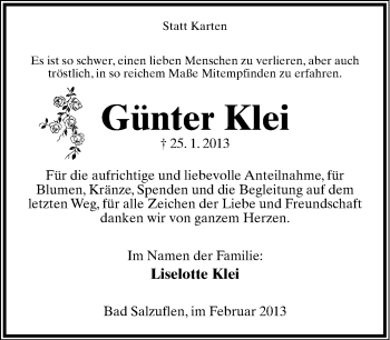 Anzeige  Günter Klei  Lippische Landes-Zeitung