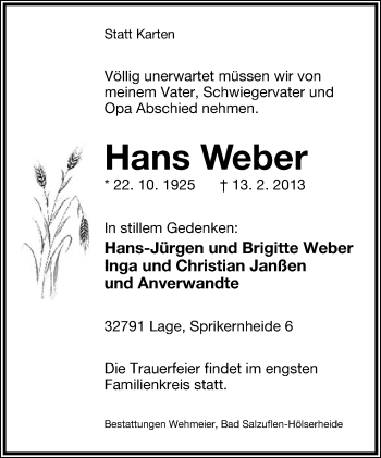 Anzeige  Hans Weber  Lippische Landes-Zeitung