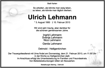 Anzeige  Ulrich Lehmann  Lippische Landes-Zeitung