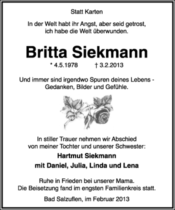 Anzeige  Britta Siekmann  Lippische Landes-Zeitung