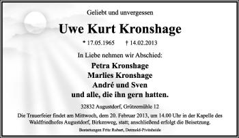 Anzeige  Uwe Kurt Kronshage  Lippische Landes-Zeitung