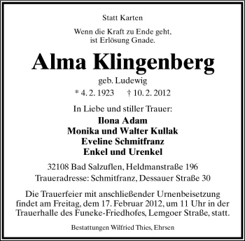 Anzeige  Alma Klingenberg  Lippische Landes-Zeitung