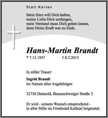 Anzeige  Hans-Martin Brand  Lippische Landes-Zeitung