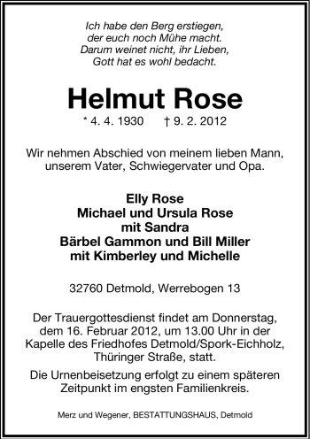 Anzeige  Helmut Rose  Lippische Landes-Zeitung