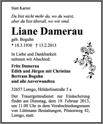 Anzeige  Liane Damerau  Lippische Landes-Zeitung