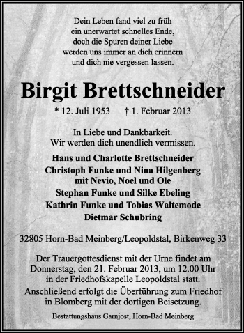 Anzeige  Birgit Brettschneider  Lippische Landes-Zeitung