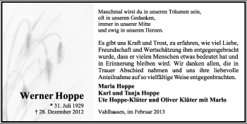 Anzeige  Werner Hoppe  Lippische Landes-Zeitung