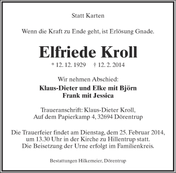 Anzeige  Elfriede Kroll  Lippische Landes-Zeitung