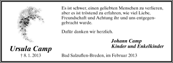 Anzeige  Ursula Camp  Lippische Landes-Zeitung