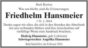 Anzeige  Friedhelm Hansmeier  Lippische Landes-Zeitung
