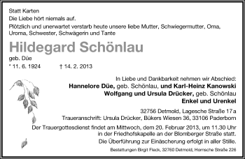Anzeige  Hildegard Schönlau  Lippische Landes-Zeitung