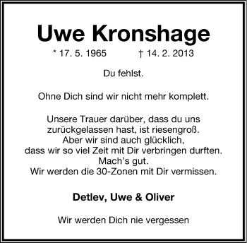 Anzeige  Uwe Kronshage  Lippische Landes-Zeitung