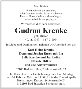 Anzeige  Gudrun Krenke  Lippische Landes-Zeitung