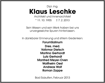 Anzeige  Klaus Leschke  Lippische Landes-Zeitung