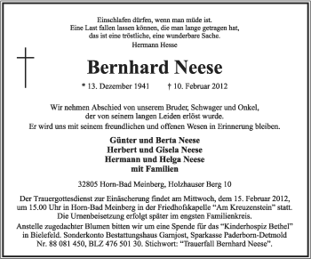 Anzeige  Bernhard Neese  Lippische Landes-Zeitung