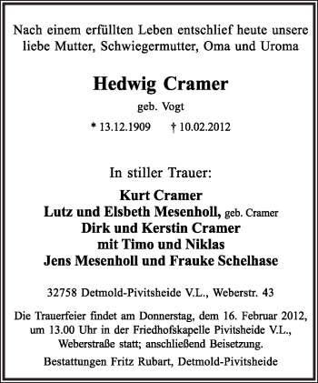 Anzeige  Hedwig Cramer  Lippische Landes-Zeitung