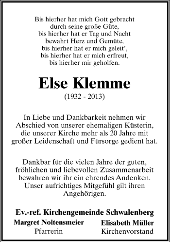 Anzeige  Else Klemme  Lippische Landes-Zeitung