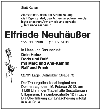 Anzeige  Elfriede Neuhäußer  Lippische Landes-Zeitung