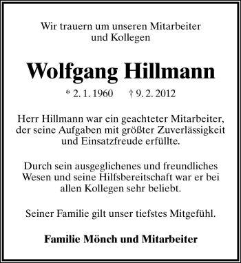 Anzeige  Wolfgang Hillmann  Lippische Landes-Zeitung