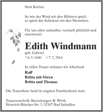 Anzeige  Edith Windmann  Lippische Landes-Zeitung
