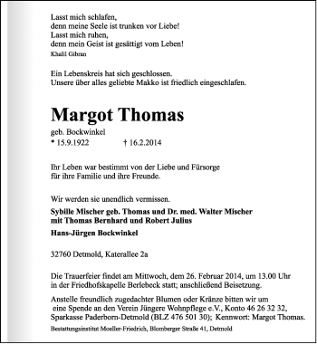 Anzeige  Margot Thomas  Lippische Landes-Zeitung