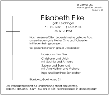 Anzeige  Elisabeth Eikel  Lippische Landes-Zeitung