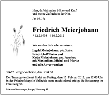 Anzeige  Friedrich Meierjohann  Lippische Landes-Zeitung