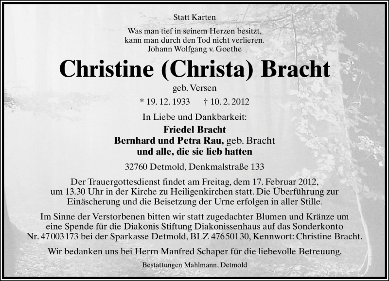  Traueranzeige für Christine Bracht vom 15.02.2012 aus Lippische Landes-Zeitung