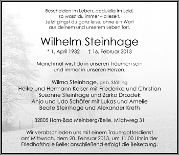 Anzeige  Wilhelm Steinhage  Lippische Landes-Zeitung