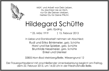 Anzeige  Hildegard Schütte  Lippische Landes-Zeitung