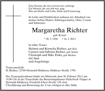 Anzeige  Margaretha Richter  Lippische Landes-Zeitung