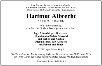 Anzeige  Hartmut Albrecht  Lippische Landes-Zeitung