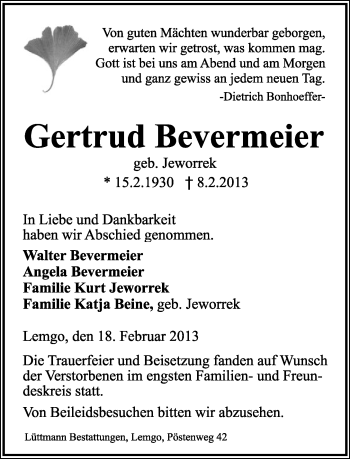 Anzeige  Gertrud Bevermeier  Lippische Landes-Zeitung