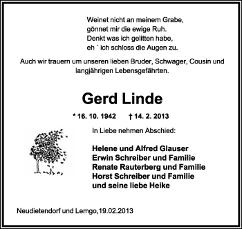 Anzeige  Gerd Linde  Lippische Landes-Zeitung