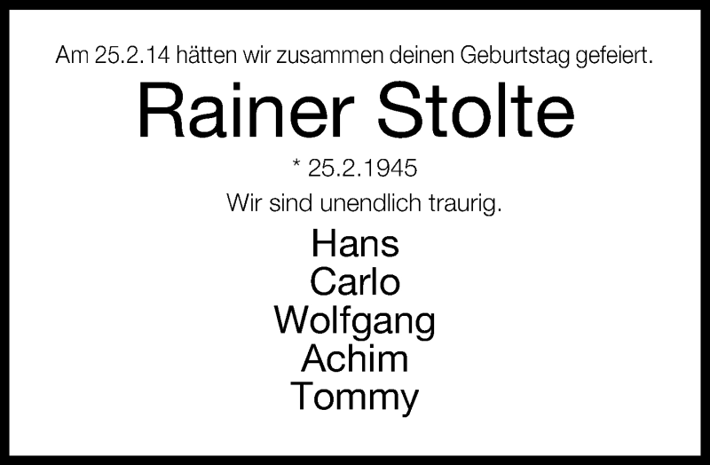  Traueranzeige für Rainer Stolte vom 25.02.2014 aus Lippische Landes-Zeitung