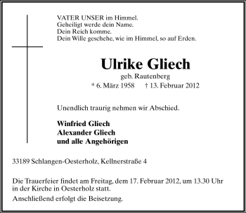 Anzeige  Ulrike Gliech  Lippische Landes-Zeitung