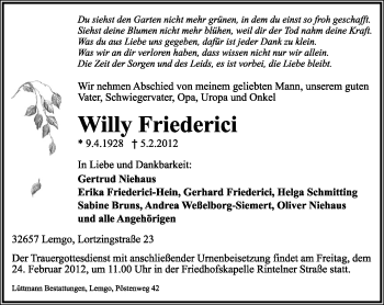 Anzeige  Willy Friederici  Lippische Landes-Zeitung