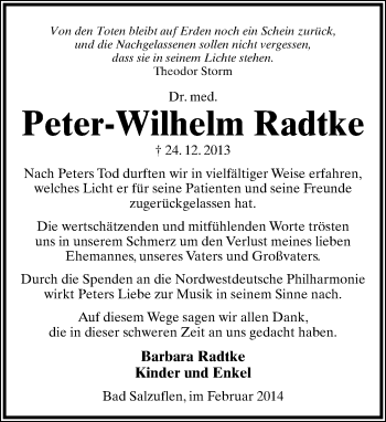 Anzeige  Peter-Wilhelm Radtke  Lippische Landes-Zeitung