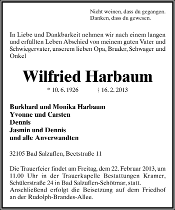 Anzeige  Wilfried Harbaum  Lippische Landes-Zeitung
