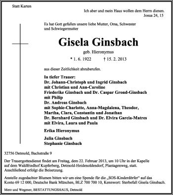 Anzeige  Gisela Ginsbach  Lippische Landes-Zeitung