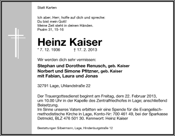 Anzeige  Heinz Kaiser  Lippische Landes-Zeitung