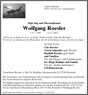 Anzeige  Wolfgang Roesler  Lippische Landes-Zeitung
