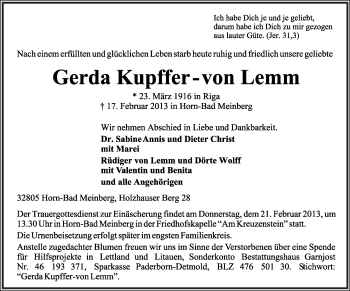 Anzeige  Gerda Kupffer-von Lemm  Lippische Landes-Zeitung