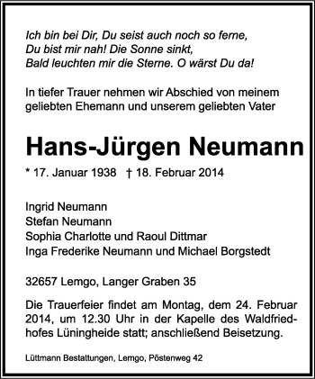 Anzeige  Hans-Jürgen Neumann  Lippische Landes-Zeitung