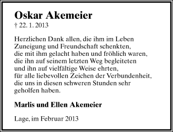 Anzeige  Oskar Akemeier  Lippische Landes-Zeitung
