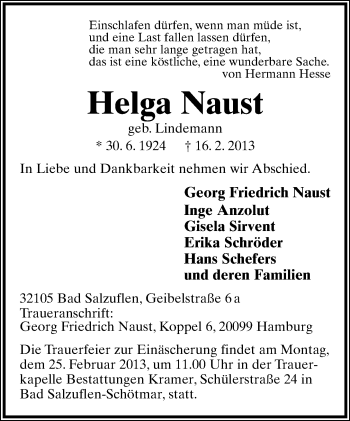 Anzeige  Helga Naust  Lippische Landes-Zeitung