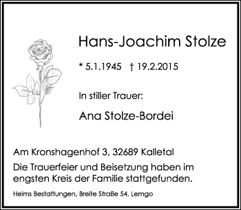 Anzeige  Hans-Joachim Stolze  Lippische Landes-Zeitung