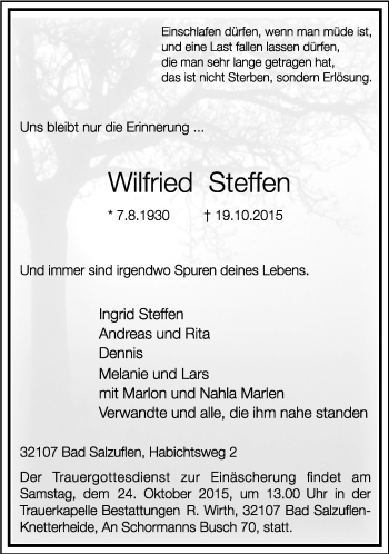 Anzeige  Wilfried Steffen  Lippische Landes-Zeitung