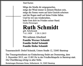 Anzeige  Ruth Schmidt  Lippische Landes-Zeitung